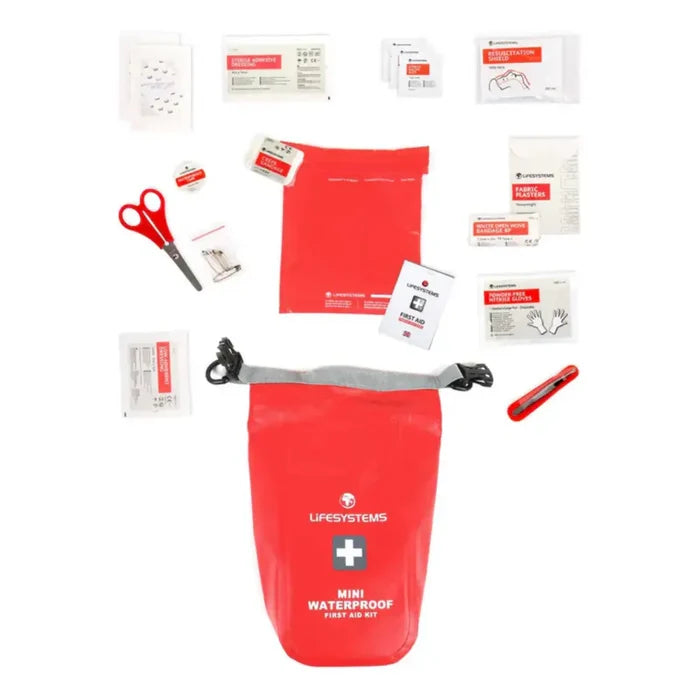 Lifesystems Mini Waterproof First Aid Kit contents laid out flat on a white background