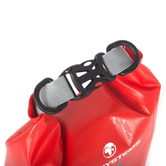 Close up of the Lifesystems Mini Waterproof First Aid Kit roll top closure clip on a white background