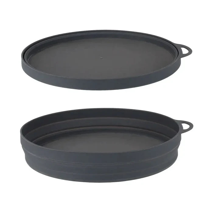 Two shots of Lifeventure Ellipse Collapsible Plate in colour graphite showing it collapsed and expanded