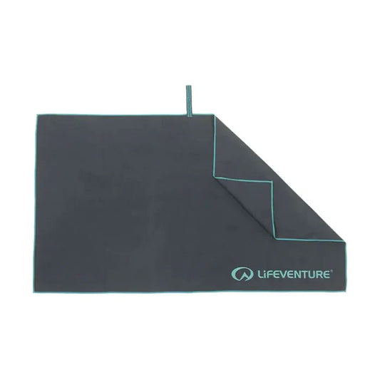 Opened out image of a large Lifeventure SoftFibre recycled travel towel in grey showing both sides of the fabric