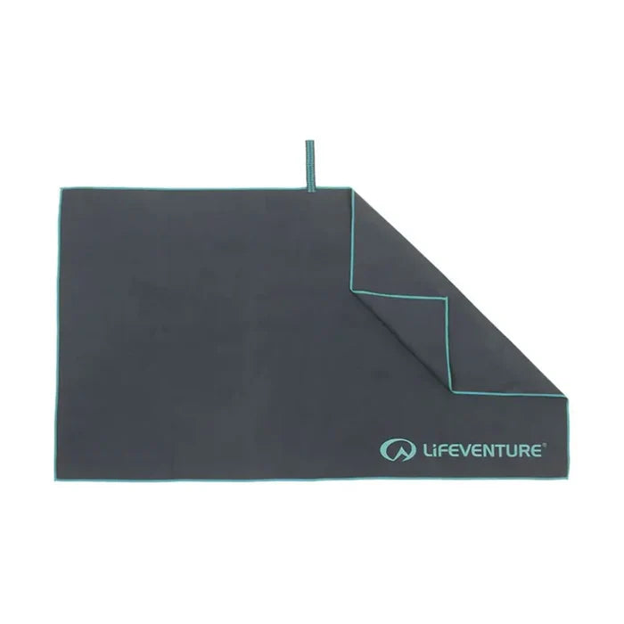 Opened out image of a Xlarge Lifeventure SoftFibre recycled travel towel in grey showing both sides of the fabric