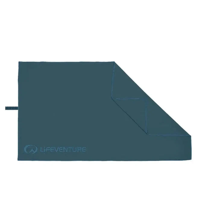 Opened out image of a Xlarge Lifeventure SoftFibre recycled travel towel in blue showing both sides of the fabric