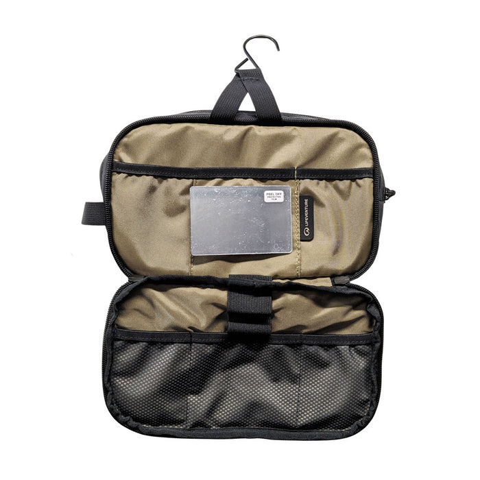 Lifeventure X-Pac travel wash bag front compartment opened out to show storage pouches and hanging hook