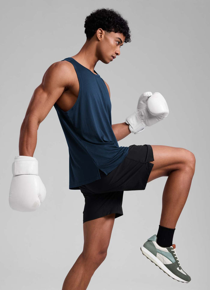 CRZ YOGA Man's Lightweight Training Side Slits Narrow Shoulder Tank Nautical Navy Blue