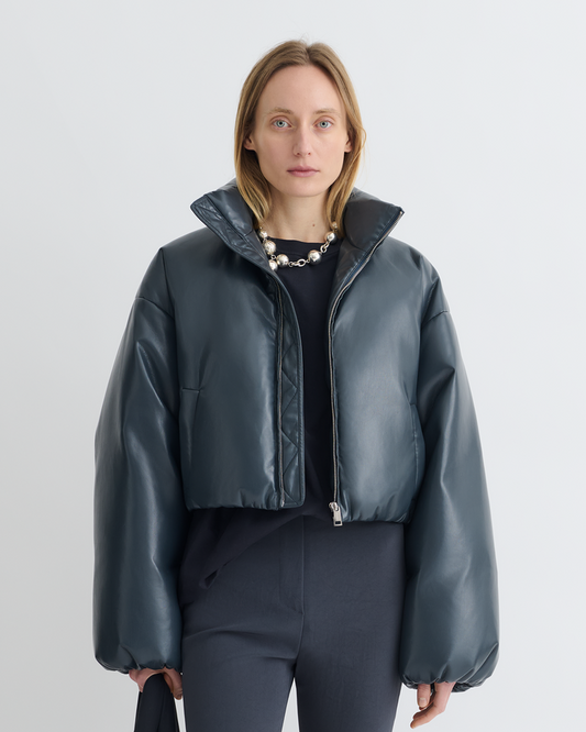 Lilima - Cropped Okobor™ Alt-Leather Puffer Jacket - Steel Blue