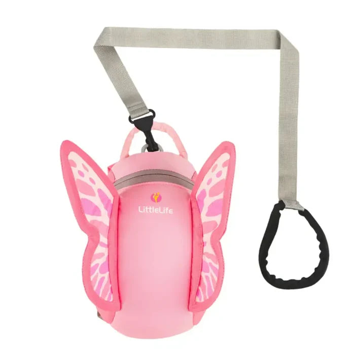 Littlelife Butterfly Toddler Backpack shown with eth safety rein attached on a white background