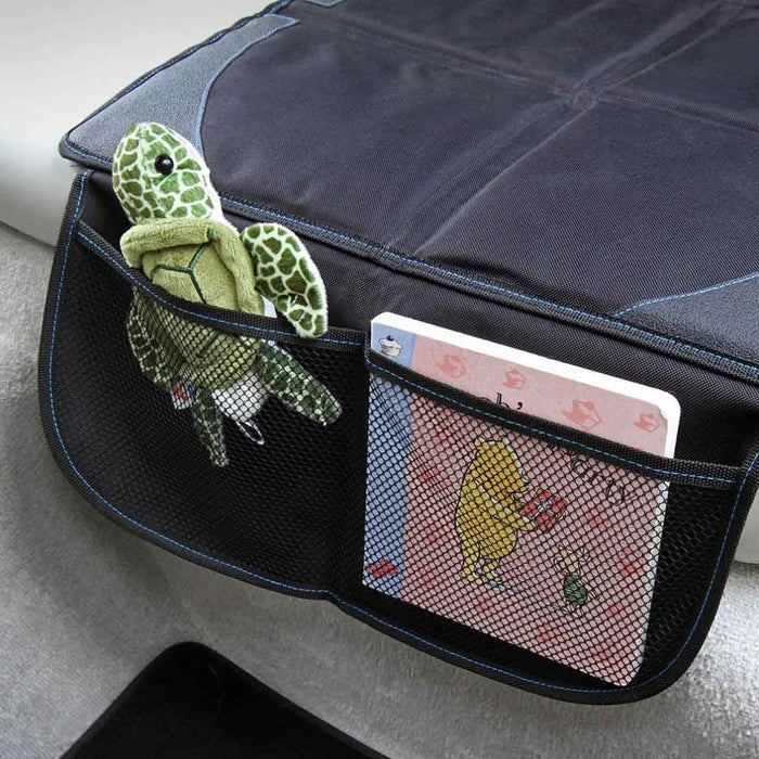 Mesh pockets on the Littlelife child car seat protector showing its extra storage capabilities