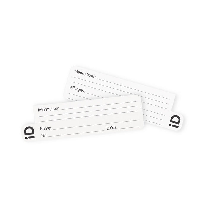 Two iD cards that come with the Dinosaur wristbands so contact and medical information can be stored