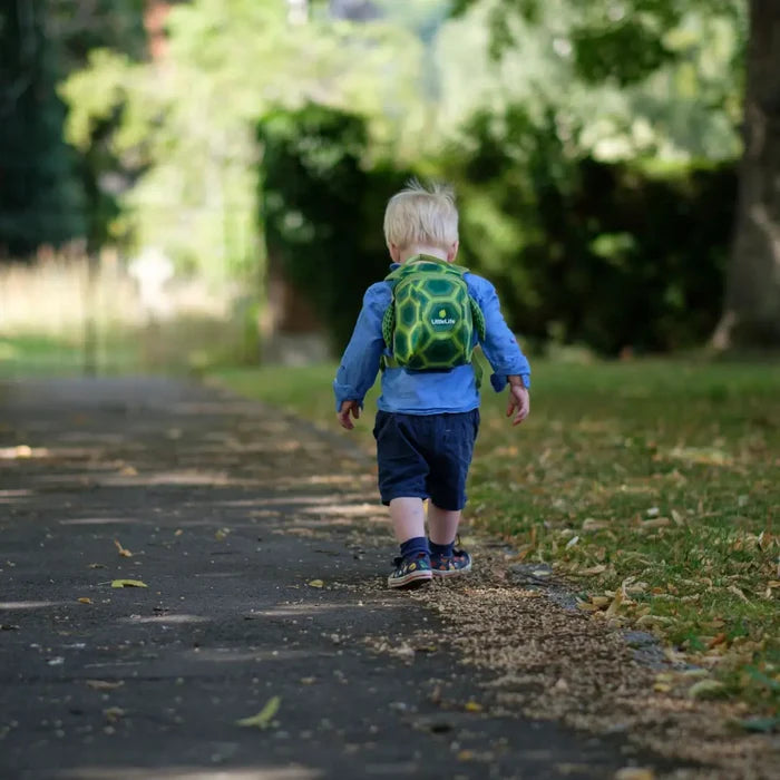 Small boy walking along a path in a prk whist wearing a Littlelife Turtle Toddler Backpack
