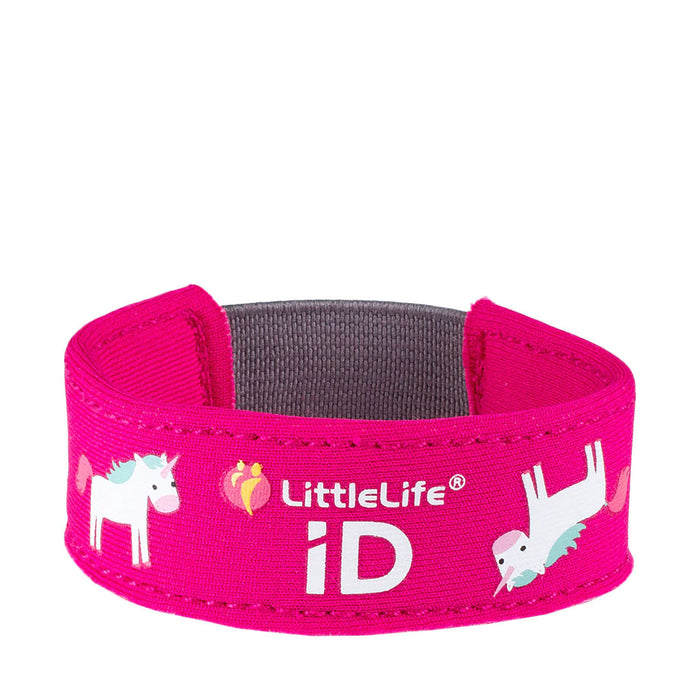 Studio shot on a white background of a Littlelife Identification wristband in the unicorn pattern