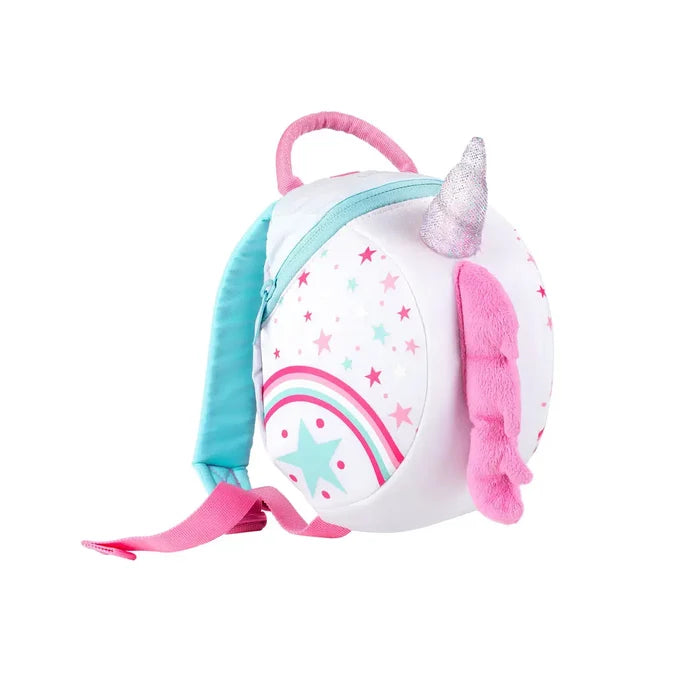 Littlelife Unicorn Toddler Backpack shown form the side on a white background