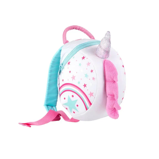 Littlelife Unicorn Toddler Backpack shown form the side on a white background