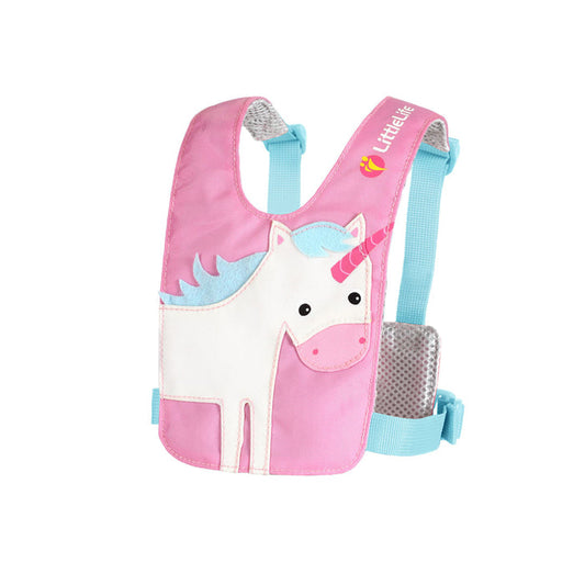 Studio shot on a white background of the front of a Littlelife unicorn toddler safety rein