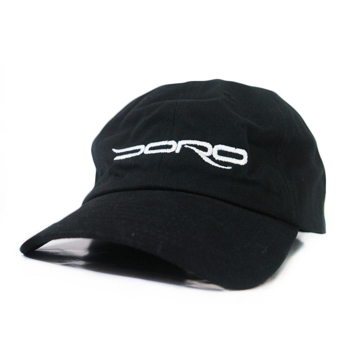 A black Doro baseball cap with a curved brim and Doro embroidered in white on the front.