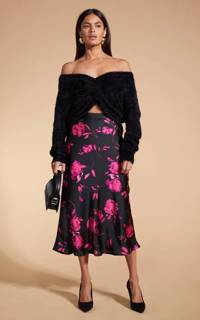 LOTUS SKIRT (PINK ON BLACK FLORAL)