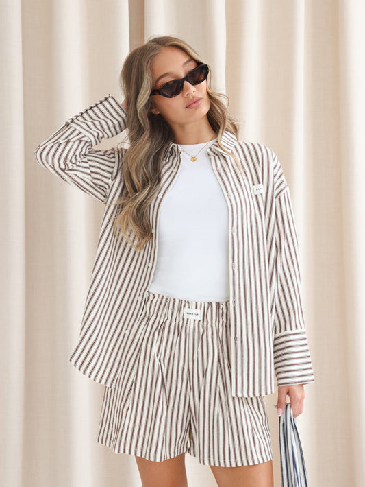 Lou Oversized Stripe Shirt - Chestnut Brown