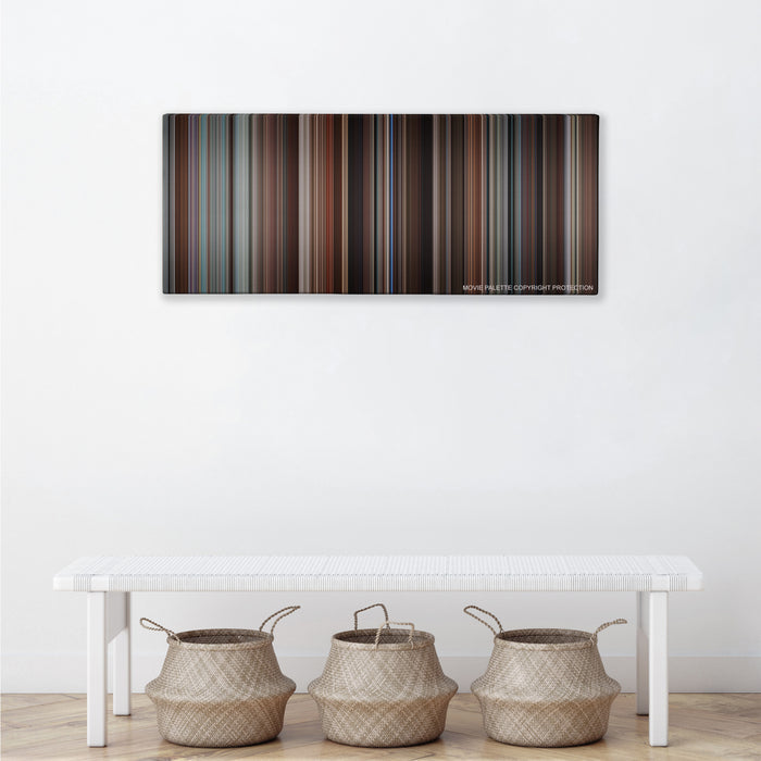 Love & Other Drugs color palette canvas above a white bench with three woven baskets