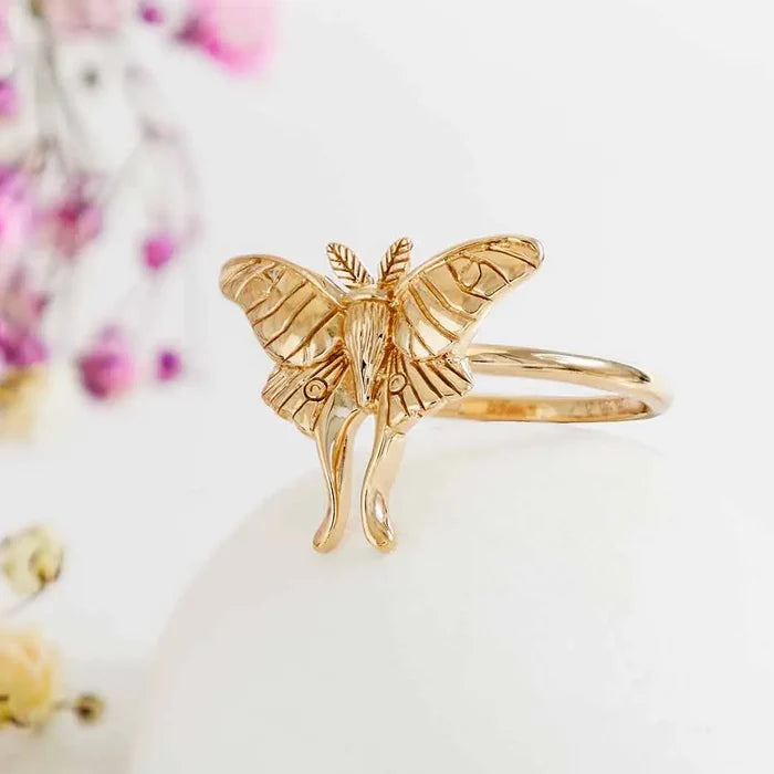 Gold Luna Moth ring featuring a detailed moth with outstretched wings