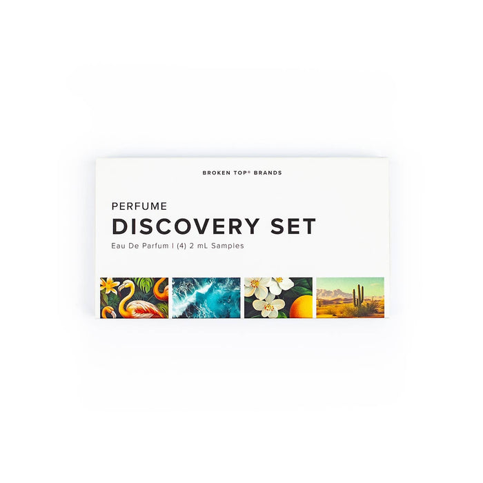 Luxury Perfume Discovery Set box with four 2 mL fragrance samples and colorful thumbnail images