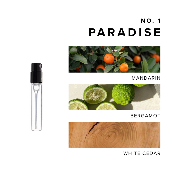 Fragrance set spread showing Paradise Mandarin Bergamot and White Cedar with a spray bottle on the left.
