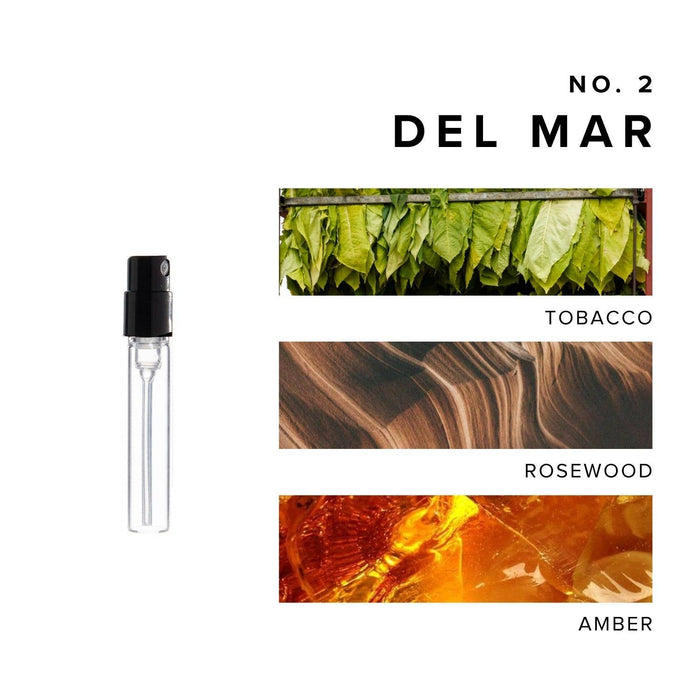 Roller perfume bottle beside stacked panels labeled No 2 Del Mar with tobacco and amber textures