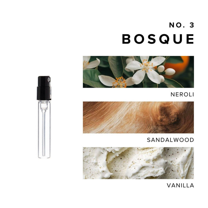 Roller perfume bottle beside stacked panels labeled No 3 Bosque featuring Neroli Sandalwood and Vanilla textures