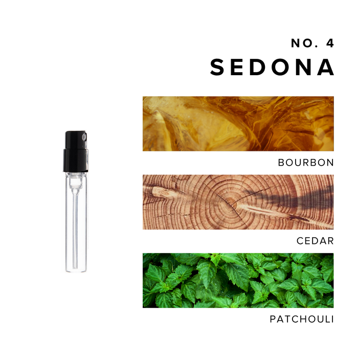 Roller perfume bottle beside stacked panels labeled No 4 Sedona showcasing Bourbon Cedar and Patchouli textures