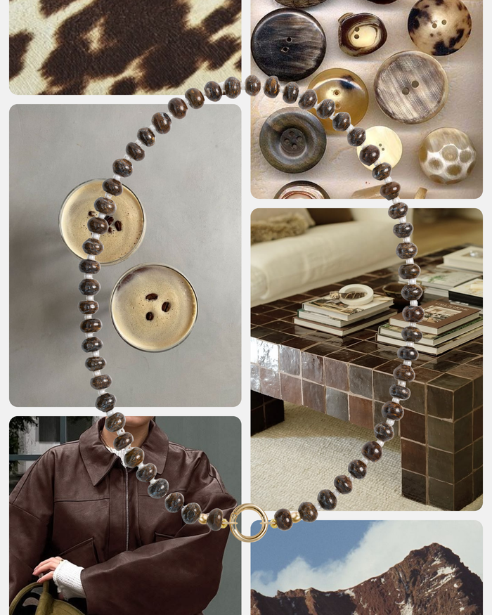 A collage features brown and beige buttons, the Mod + Jo Macey Gemstone Necklace, a leather jacket, books on a tiled table, animal print fabric, and a rugged brown mountain landscape.