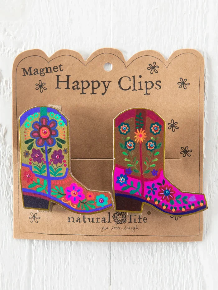 Two colorful floral embroidered cowboy boot magnets on a kraft card reading Magnet Happy Clips.