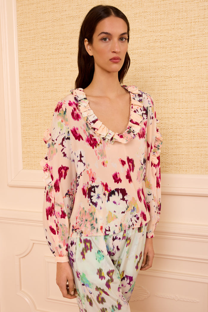Marguerite Silk Blouse in Summer Garden ikat floral print - Front View | Ulla Johnson