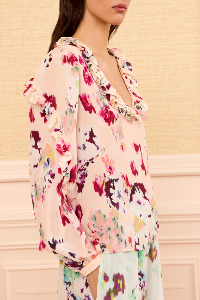 Marguerite Luxury Silk Blouse Summer Garden floral - Ruffle Sleeve Detail | Ulla Johnson