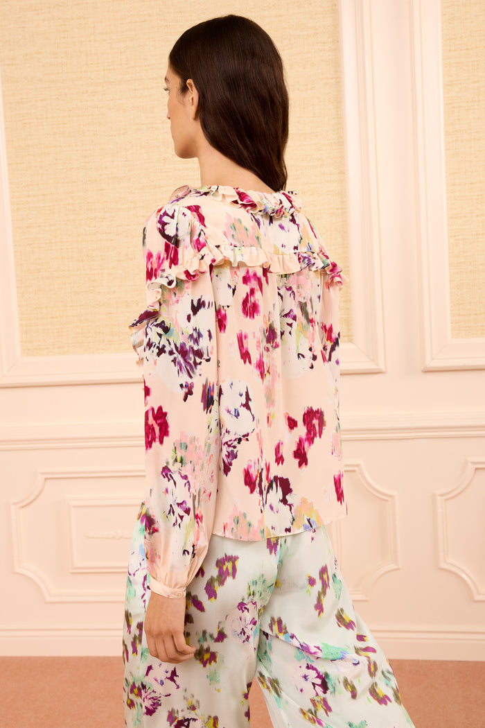 Marguerite Silk Blouse Summer Garden floral ruffles - Back View On Model | Ulla Johnson