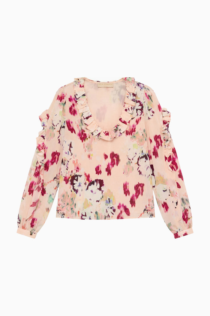 Marguerite Silk Blouse Summer Garden ikat botanical print - Flat Lay | Ulla Johnson