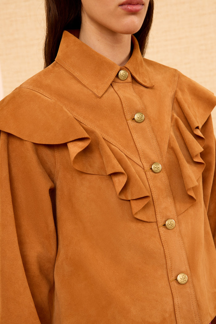 Matilde Ruffle Suede Jacket - Cognac