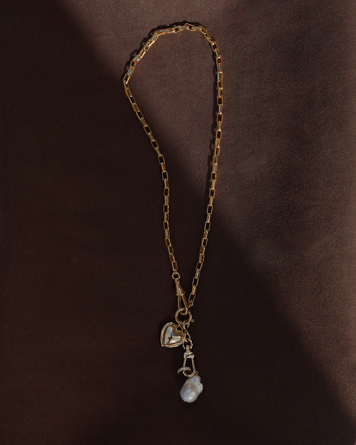 gold chain necklace with heart charm and pearl charm