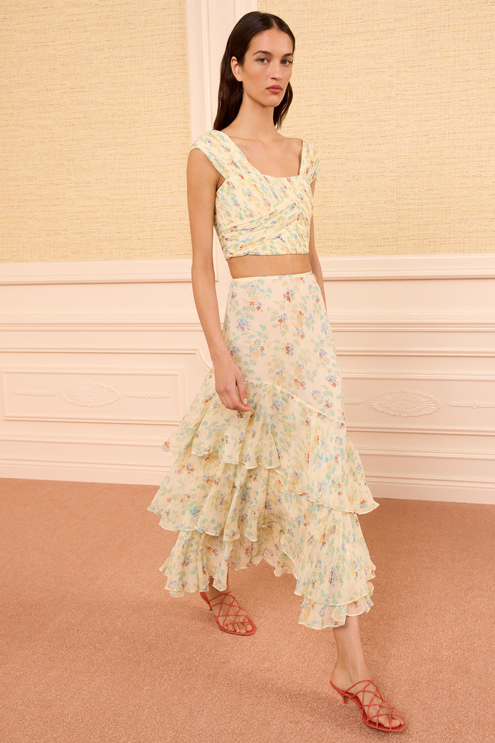 Moon Petal Floral Silk Midi Skirt with Tiered Ruffles - Front View On Model | Ulla Johnson