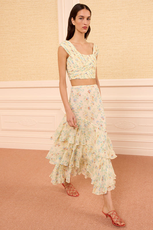Moon Petal Floral Silk Midi Skirt with Tiered Ruffles - Front View On Model | Ulla Johnson
