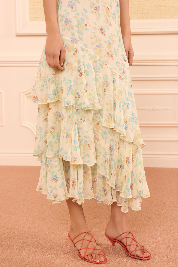 Cream Silk Chiffon Tiered Ruffle Midi Skirt Floral Print - Close-Up Hem Detail | Ulla Johnson