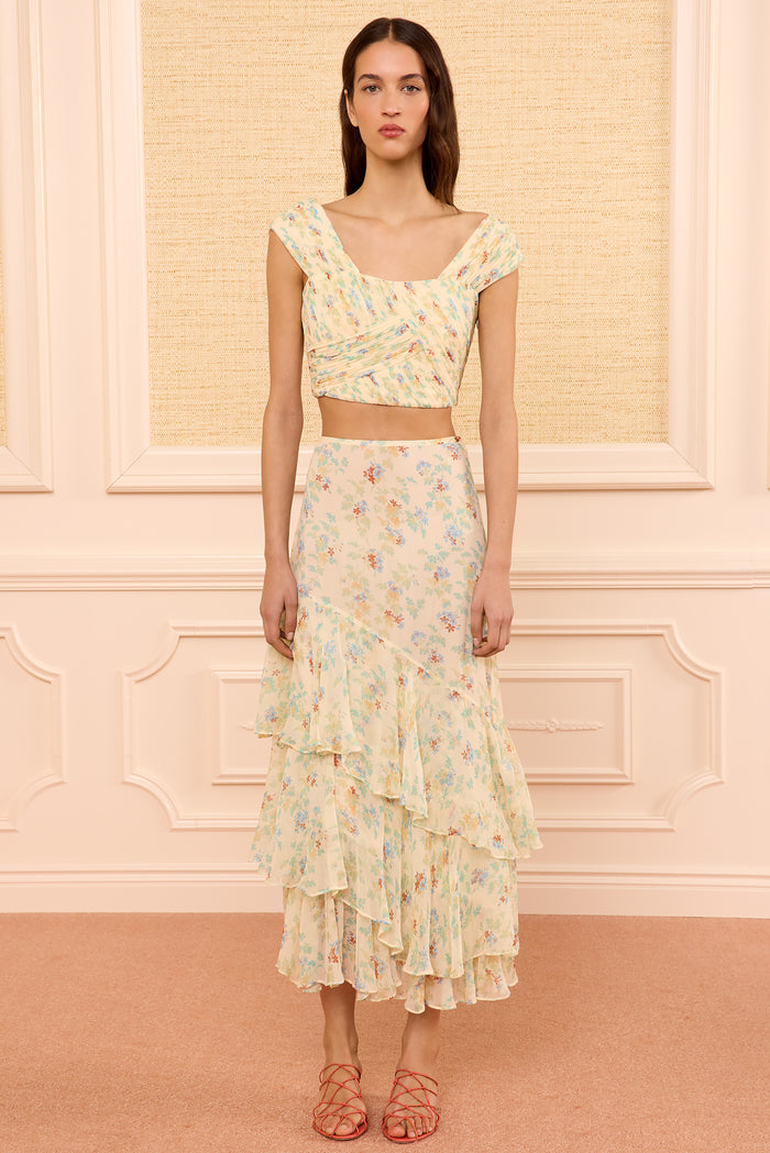 Cream Floral Silk Midi Skirt Cascading Asymmetric Ruffles - Full Front On Model | Ulla Johnson