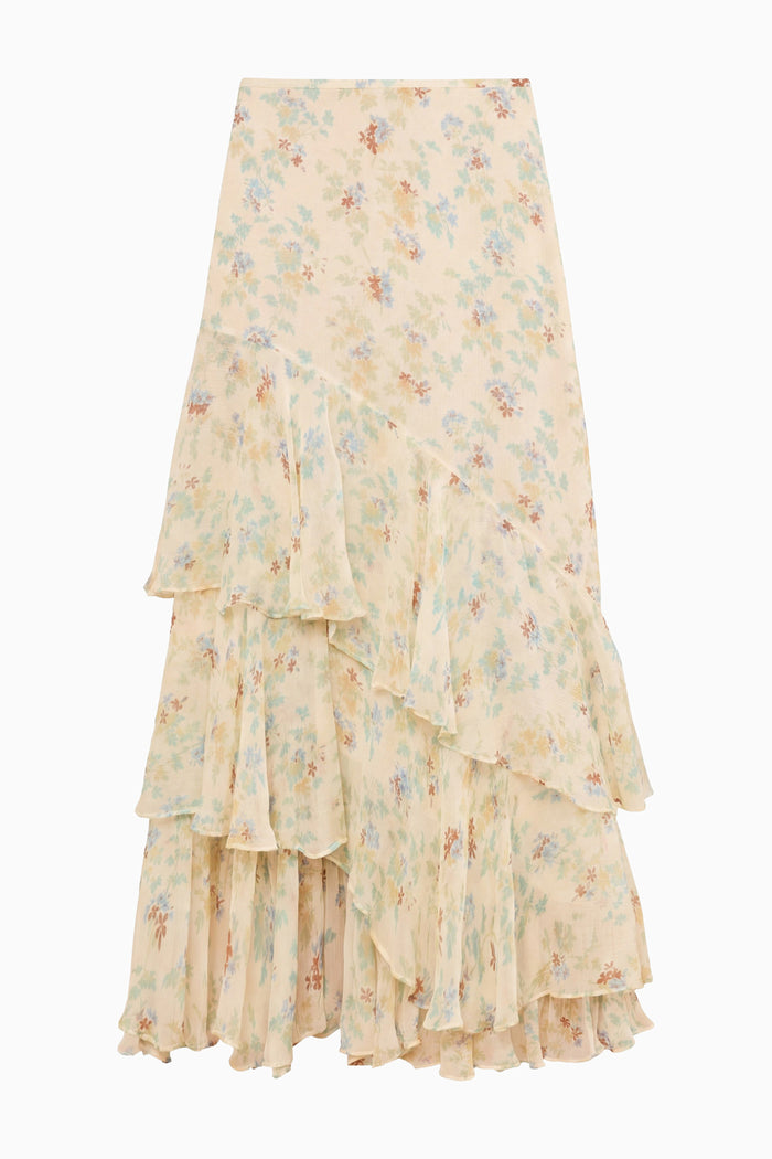 Cream Botanical Floral Silk Chiffon Tiered Midi Skirt - Flat Lay | Ulla Johnson
