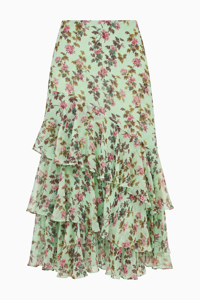 Opaline Mint Floral Silk Chiffon Tiered Midi Skirt - Flat Lay | Ulla Johnson