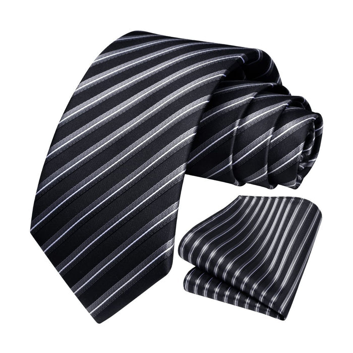 Men's Black Plaid Tie Set Premium Pocket Square & Cufflinks