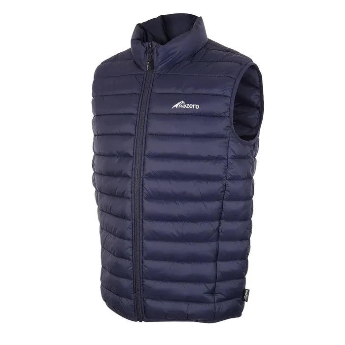Front detail on a Sub Zero mens lightweight synthetic insulated body warmer in navy on a white background