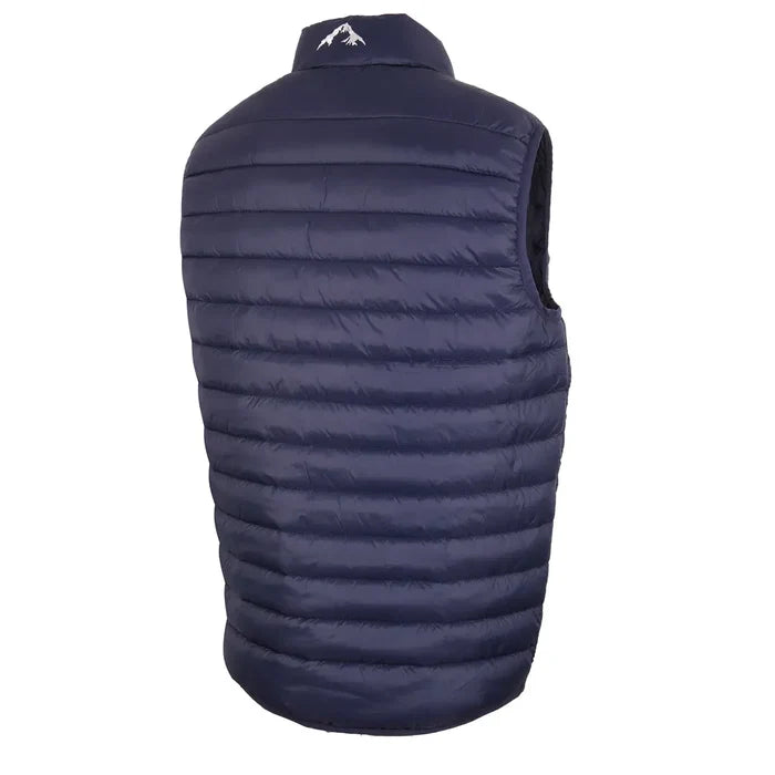 Rear detail on a Sub Zero mens lightweight synthetic insulated body warmer in navy on a white background
