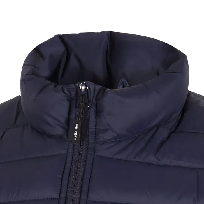 Close-up detail of a Sub Zero mens lightweight synthetic insulated jacket in navy blue collar and zip puller
