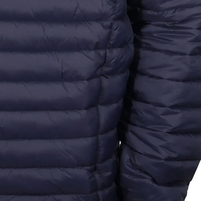 Close-up detail of a Sub Zero mens lightweight synthetic insulated jacket in navy blue showing the descreet zipped side hand warmer pockets
