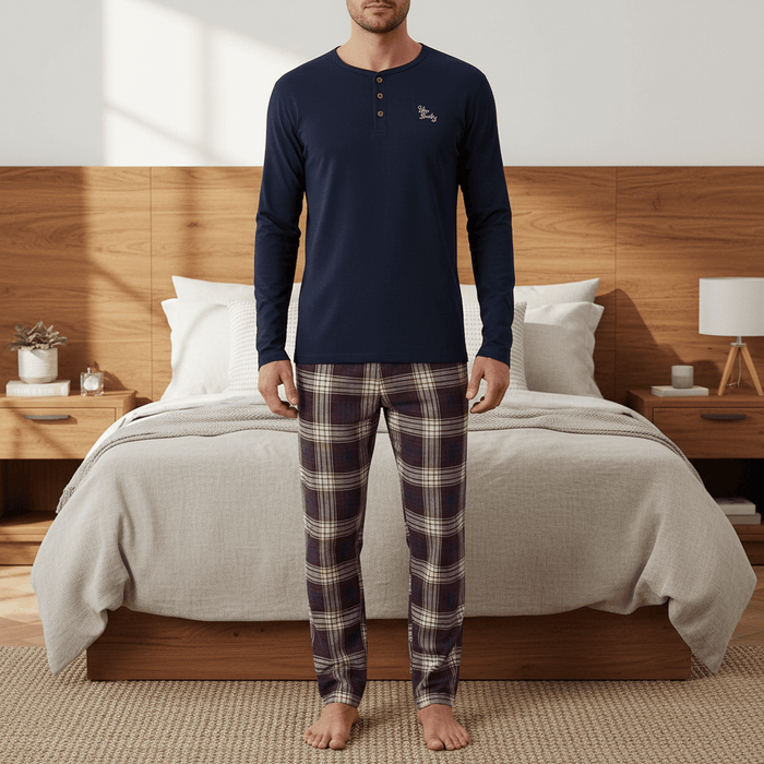 Mens Lounge Set PJs Long Sleeve Top Checked Trousers Cotton