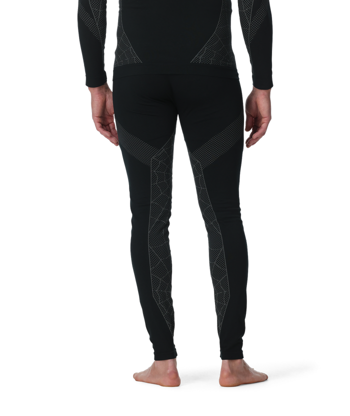 Black thermal leggings with geometric patterns on a white background