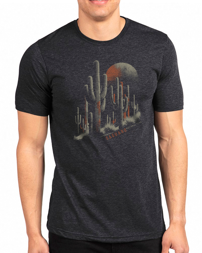 Dark heather gray men's T-shirt featuring a desert scene with tall saguaro cacti and a setting sun.