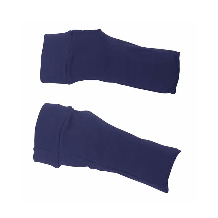 Pair of Sub Zero Meraklon thermal wrist warmers in navy showing the thumb holes and double cuff on a white background